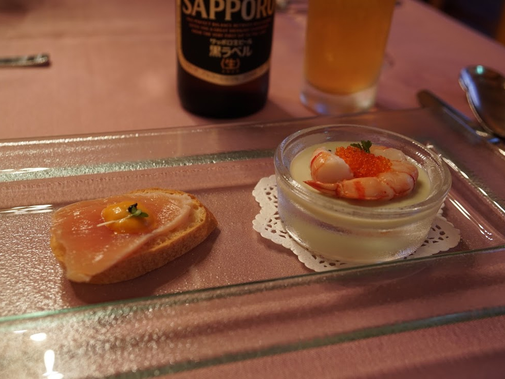 志摩地中海村　ディナー　レストラン　枝豆豆乳のプリンと伊勢鳥鶏の生ハム